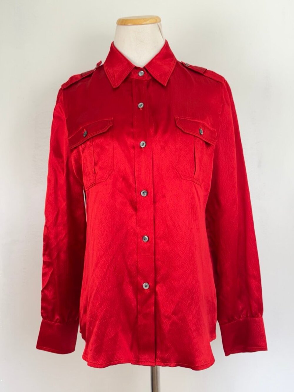 Talbots Blouse Size 8P NEW 100% Silk Metallic Red Utility Shirt Top Long Sleeve